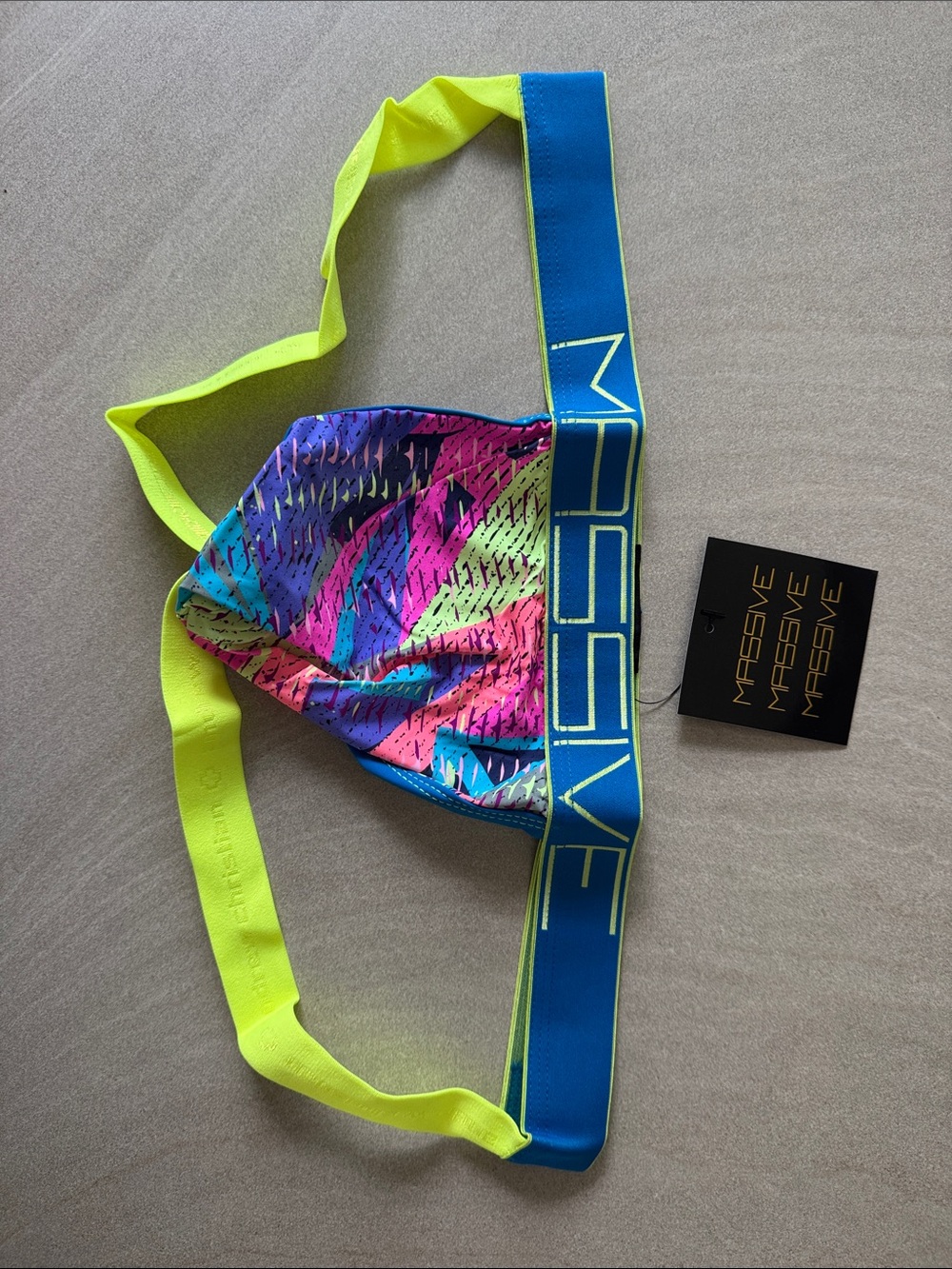 Andrew Christian Neon Multicolor Brief with Blue Waistband and Yellow Straps